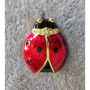 Ladybug Brooch Vtg 90s 1.25"x1" Enamel Rhinestones Red Gold Black Pin